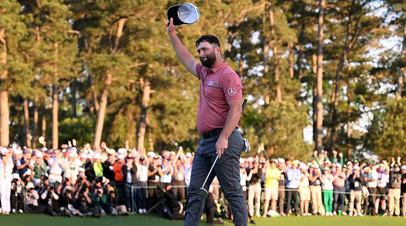 Jon Rahm of Spain celebrates on the 18th green after winning the 2023 Masters at Augusta National Golf Club in Augusta, Ga.